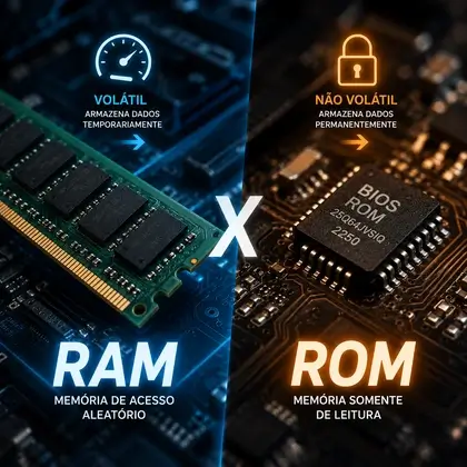 Dois pentes de memória lado a lado identificados como RAM e ROM, ilustrando as diferenças entre os dois tipos