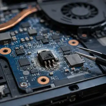 MOSFET queimado com marcas de fuligem na placa-mãe do notebook, apontado pela ponta de uma pinça