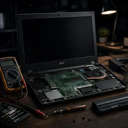 Notebook Acer aberto em bancada de reparo com a placa-mãe à vista, multímetro, chaves de precisão e bateria removida ao lado