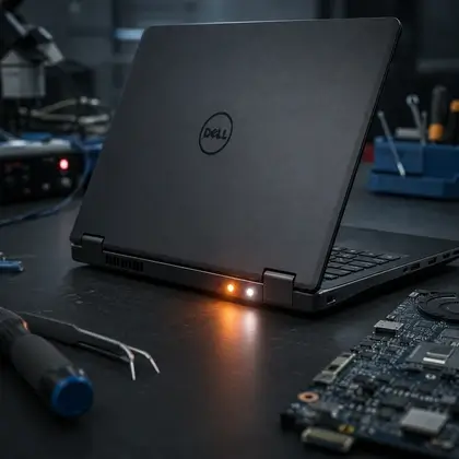 Notebook Dell fechado sobre bancada de reparo com o LED de diagnóstico piscando em laranja e branco