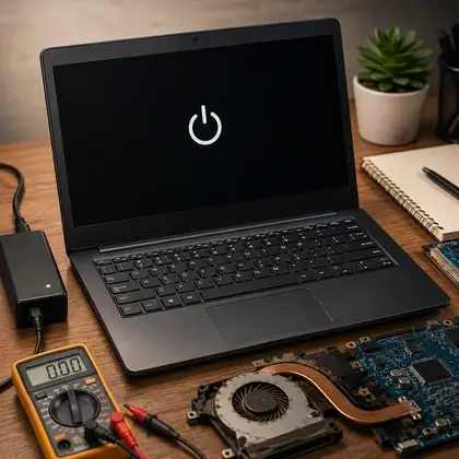 Notebook com a tela apagando de repente e ondas de calor saindo das saídas de ar, ilustrando desligamento por proteção térmica