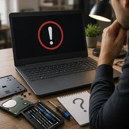 Notebook com ícone de alerta na tela ao lado de um documento de garantia vencido, ilustrando o defeito fora da garantia