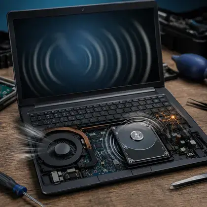 Notebook aberto na bancada com ondas sonoras saindo da carcaça, mostrando o cooler e o disco rígido por dentro