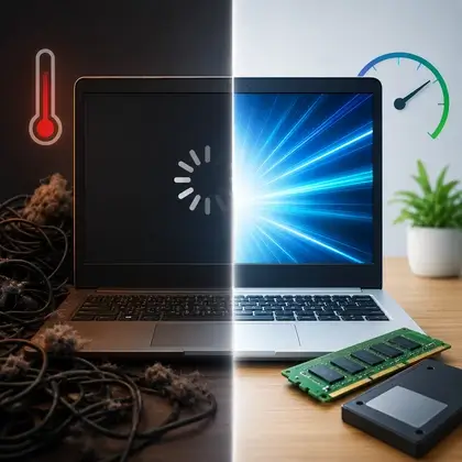Notebook com ampulheta na tela e barra de progresso travada, ilustrando lentidão causada por gargalo de disco ou memória