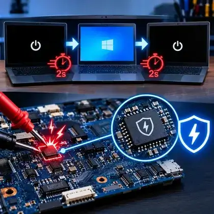 Notebook que liga e desliga em 2 segundos e, abaixo, a medição do curto na placa com o símbolo da proteção de sobrecorrente