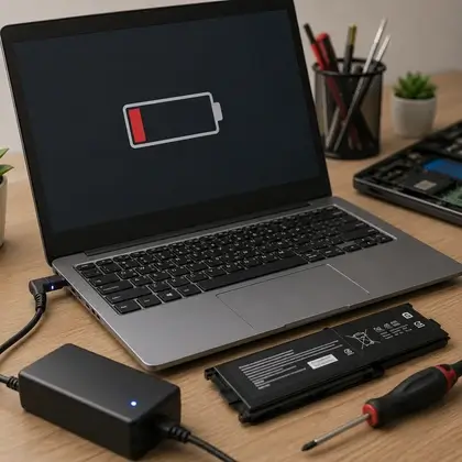 Notebook conectado ao carregador exibindo ícone de bateria que não completa a carga, ilustrando falha no fornecimento de energia