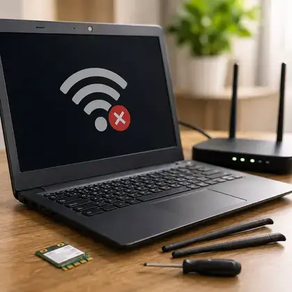 Notebook com o símbolo de Wi-Fi cortado por um X na tela, ao lado de um roteador, chaves de precisão e uma placa de rede M.2