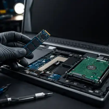 Técnico de luvas segurando um SSD M.2 sobre a base aberta de um notebook, com o HD de 2,5 polegadas instalado ao lado
