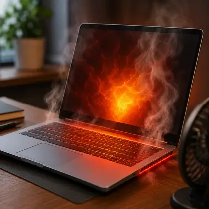 Notebook aberto sobre a mesa com fumaça e chamas saindo do teclado e da tela, ilustrando o superaquecimento