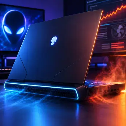 Notebook Alienware visto por trás com iluminação azul e laranja, logo da marca aceso e calor saindo das saídas de ar