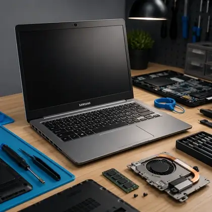 Notebook Samsung aberto em bancada de manutenção ao lado de pente de memória, cooler e tampa traseira removida