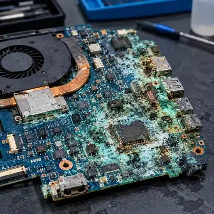 Placa-mãe de notebook coberta de oxidação esverdeada por líquido derramado, com trilhas e componentes corroídos