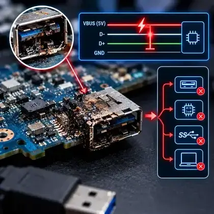 Porta USB queimada na placa-mãe, com o esquema do curto entre VBUS e GND e os recursos afetados pelo barramento