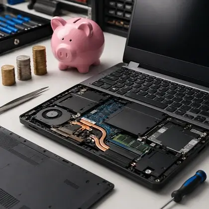 Notebook aberto em bancada ao lado de calculadora, moedas e ferramentas, ilustrando a composição do preço de um conserto