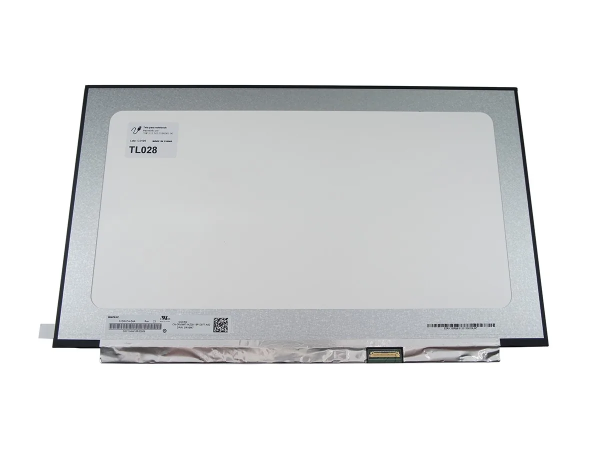 Tela LCD de notebook de 15,6 polegadas visto por trás, com etiqueta do código da tela e conector de vídeo na parte inferior
