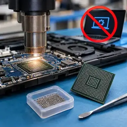 Microscópio sobre a área do chip BGA, com esferas de solda e o chip removido, e o símbolo de proibido indicando serviço não realizado