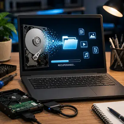 Notebook com a tela mostrando arquivos sendo recuperados de um disco rígido, ao lado de uma placa de HD ligada por adaptador USB