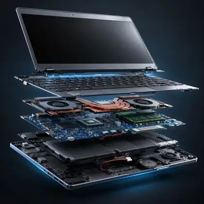 Vista explodida de um notebook com tela, teclado, dissipador, placa-mãe e carcaça separados em camadas