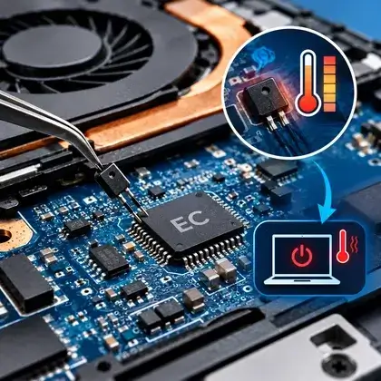 Pinça segurando o sensor de temperatura perto do chip EC na placa, ilustrando o desligamento térmico do notebook