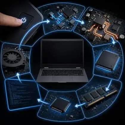 Notebook ao centro e, em volta, o ciclo do power on: botão de liga, circuitos de energia, memória, chips e o código do POST