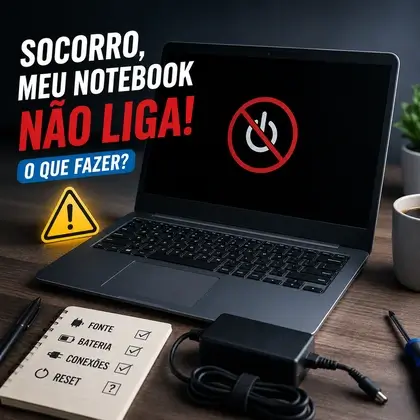 Notebook desligado com o símbolo de energia riscado na tela, ao lado de uma fonte e de um checklist de testes