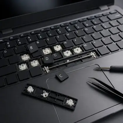 Notebook com teclas soltas e destacadas do teclado, ilustrando problemas de tecla morta e falha de resposta