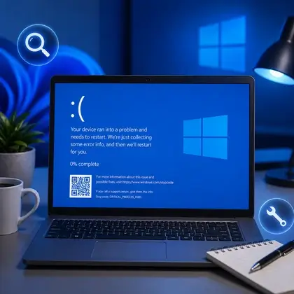 Notebook exibindo tela azul do Windows 11 com rosto triste e código de parada, ilustrando erro de sistema a ser diagnosticado