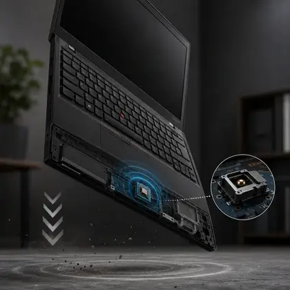 Notebook ThinkPad em queda com destaque para o chip do sensor acelerômetro na placa interna