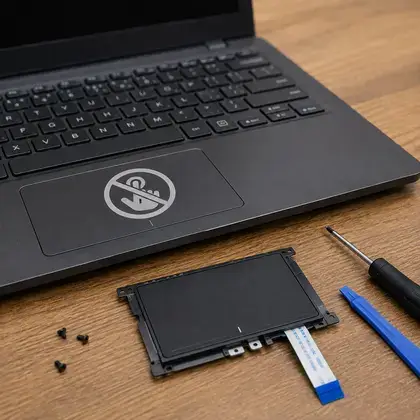 Notebook com o ícone de touchpad desativado na área do mouse e o módulo do touchpad desmontado ao lado, com o cabo flat à vista