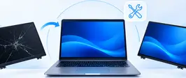 Tela de notebook quebrada sendo substituída por uma tela nova, com ícone de ferramentas ao lado