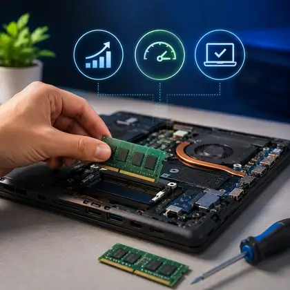 Mão instalando um pente de memória RAM no slot de um notebook aberto, ilustrando o upgrade de memória