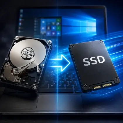 Comparação entre um HD tradicional e um SSD ao lado de um notebook, ilustrando o upgrade de armazenamento