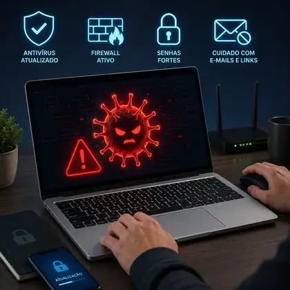 Notebook com alerta de vírus na tela e ícones de antivírus atualizado, firewall ativo, senhas fortes e cuidado com e-mails