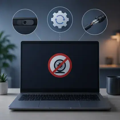 Notebook com o ícone de webcam bloqueada na tela e três detalhes ampliados acima: a câmera, a atualização de driver e o cabo interno