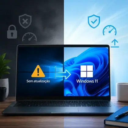 Tela de notebook dividida entre o Windows 10 sem atualização e o Windows 11, ilustrando a migração